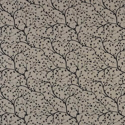 Charcoal trailing vine and berry motif on a pale grey woven ground