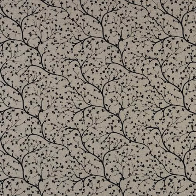 Charcoal trailing vine and berry motif on a pale grey woven ground