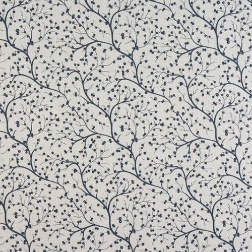 Pale ground fabric with scrolling cornflower blue vine and leaf print
