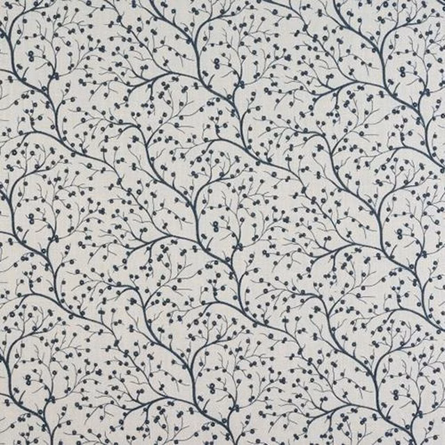 Pale ground fabric with scrolling cornflower blue vine and leaf print