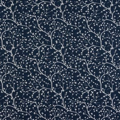 Dark denim blue fabric with small white trailing vine and berry motif