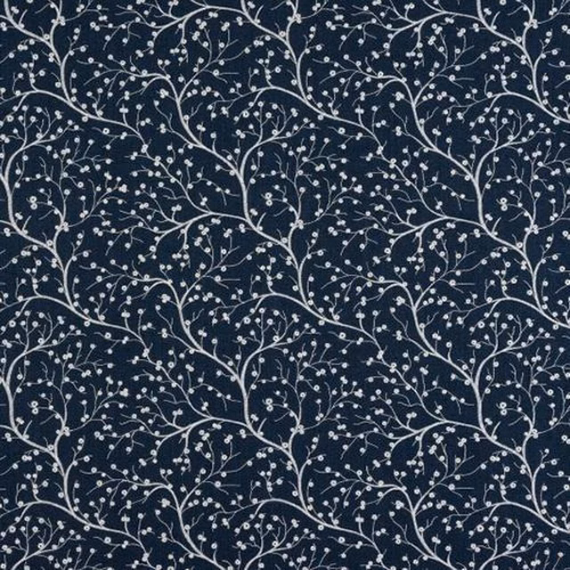 Dark denim blue fabric with small white trailing vine and berry motif