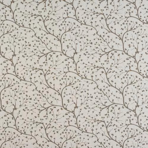 Cream linen-look fabric with delicate brown-grey scrolling vine and leaf print