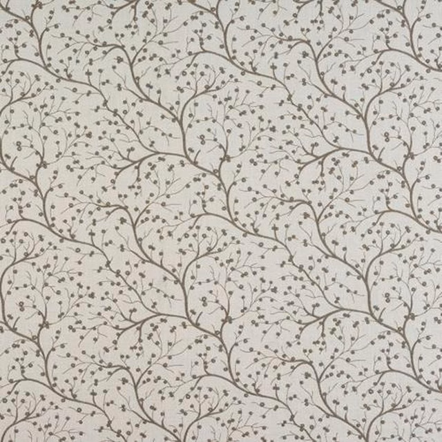 Cream linen-look fabric with delicate brown-grey scrolling vine and leaf print