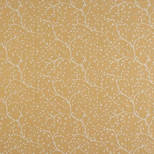 Warm moss-yellow woven fabric with pale trailing vine and seed motif