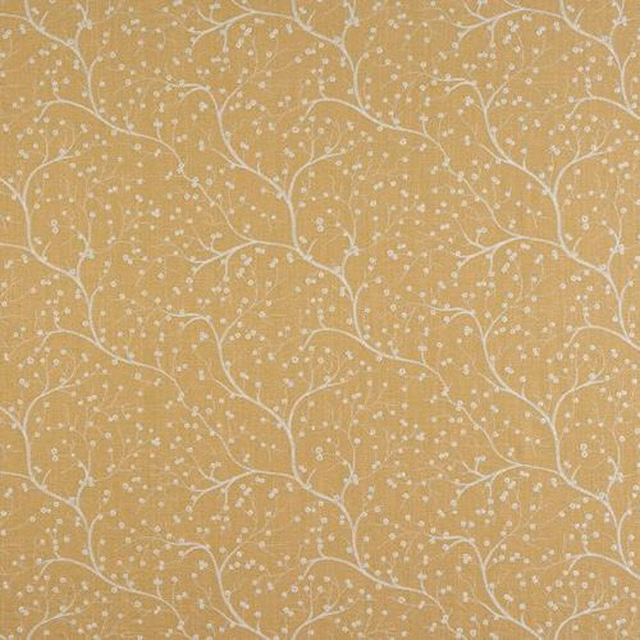 Warm moss-yellow woven fabric with pale trailing vine and seed motif