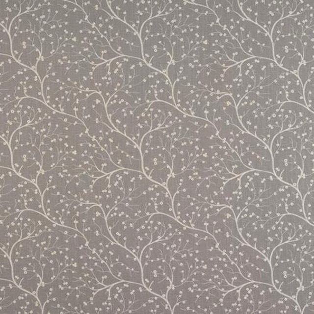 Silver-grey floral fabric with pale trailing leaves and small berries