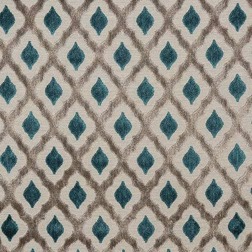 Teal diamond motif woven on a warm stone ground, close-up swatch