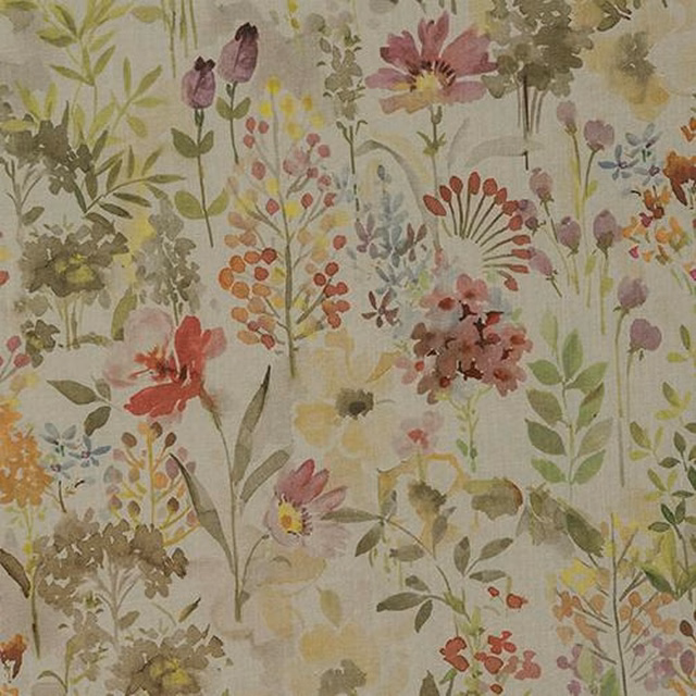 Painterly botanical cotton with olive stems, blush flowers and a warm cream ground
