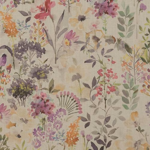 Painterly floral cotton fabric in heather, pink, sage and apricot on a pale ground