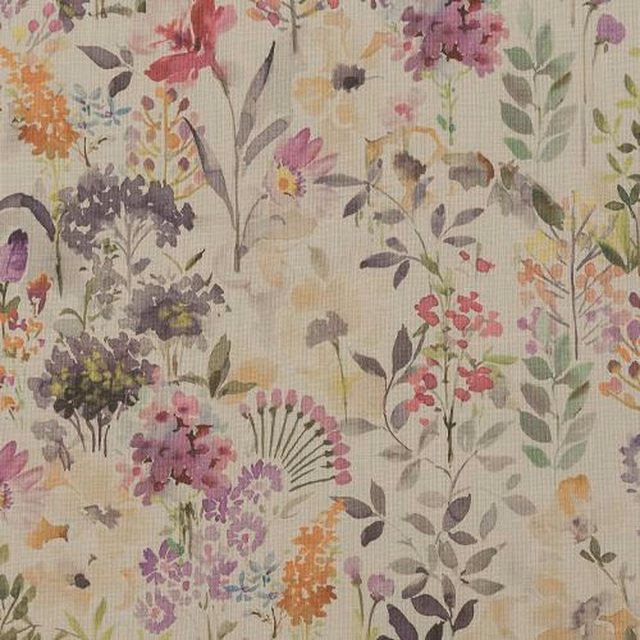 Painterly floral cotton fabric in heather, pink, sage and apricot on a pale ground