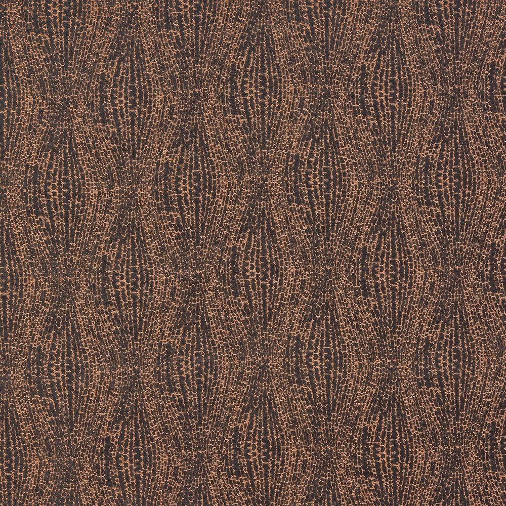 Copper-brown patterned fabric with metallic flecks and repeating leaf motif