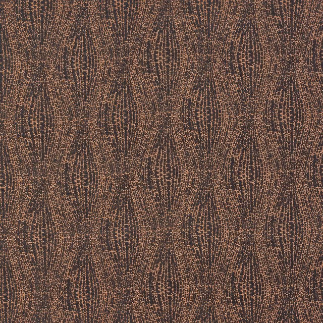 Copper-brown patterned fabric with metallic flecks and repeating leaf motif
