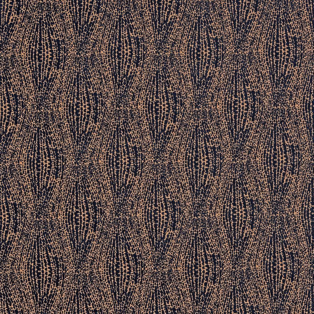 Abstract indigo and tan patterned fabric swatch with small textured repeat
