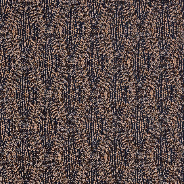 Abstract indigo and tan patterned fabric swatch with small textured repeat