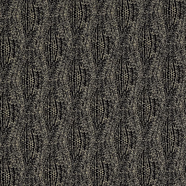 Black geometric woven fabric with pale metallic fleck and oval lattice pattern