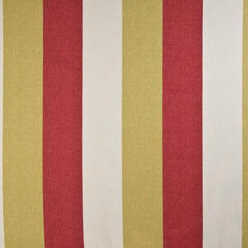 Vertical gold, red and ivory striped cotton fabric with a dry woven texture
