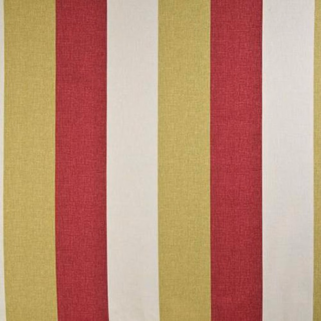Vertical gold, red and ivory striped cotton fabric with a dry woven texture