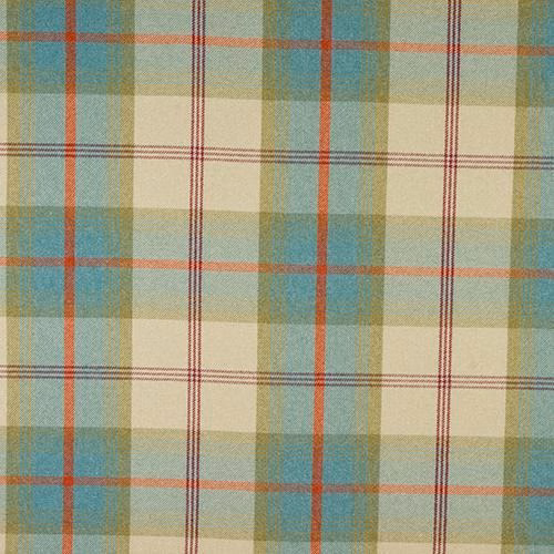 Soft aqua and cream plaid fabric with thin red pinstripes and woven texture