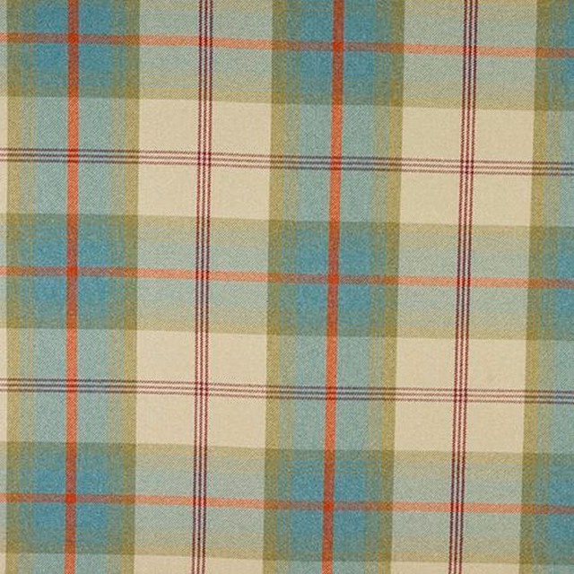 Soft aqua and cream plaid fabric with thin red pinstripes and woven texture