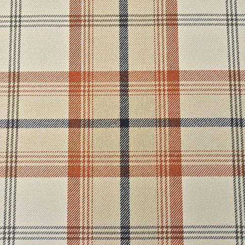 Warm beige tartan check fabric with rust red and navy stripes
