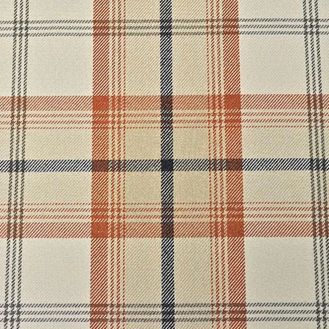 Warm beige tartan check fabric with rust red and navy stripes