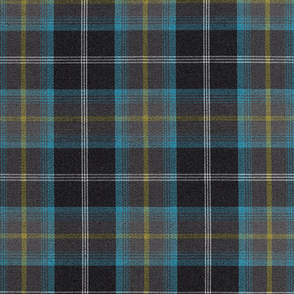 Blue, teal and charcoal tartan fabric with fine white checks