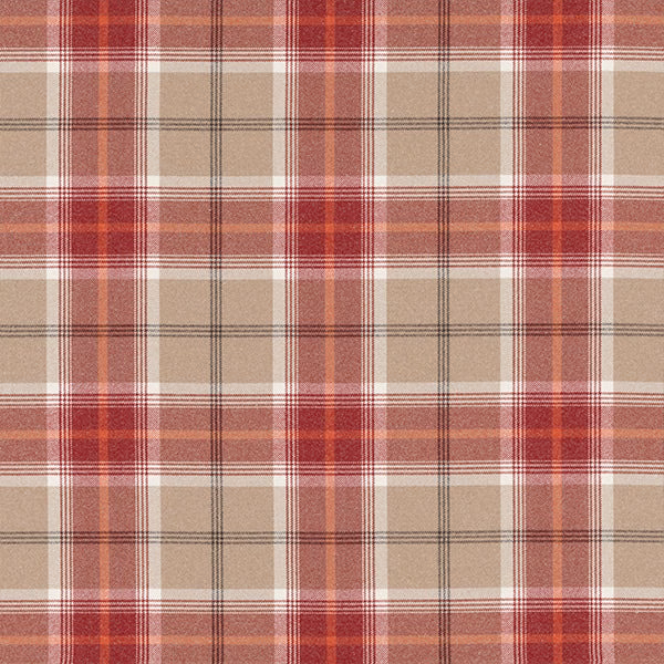 Red and beige tartan check fabric swatch with fine dark grid lines