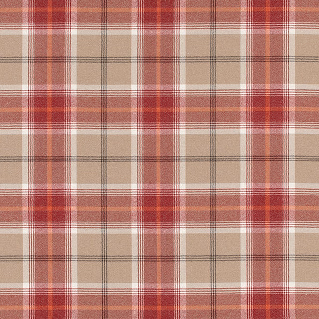 Red and beige tartan check fabric swatch with fine dark grid lines