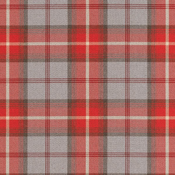 Red and grey tartan fabric swatch with bold checked weave