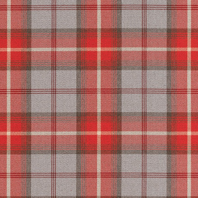 Red and grey tartan fabric swatch with bold checked weave