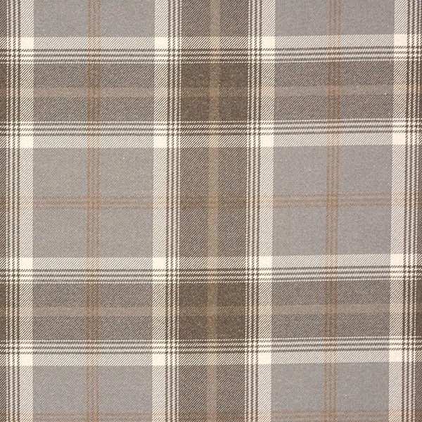 Soft grey checked fabric with ivory and taupe stripes in a large plaid