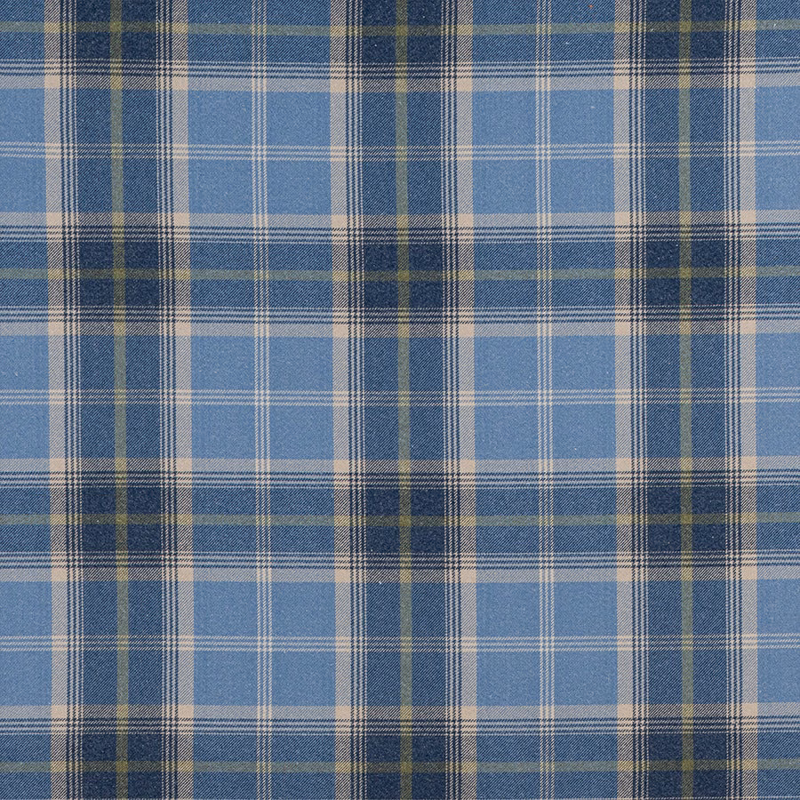 Blue checked fabric with cream, navy and yellow-green tartan stripes