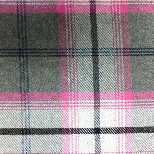 Pink and grey tartan check fabric swatch with charcoal stripes and brushed texture