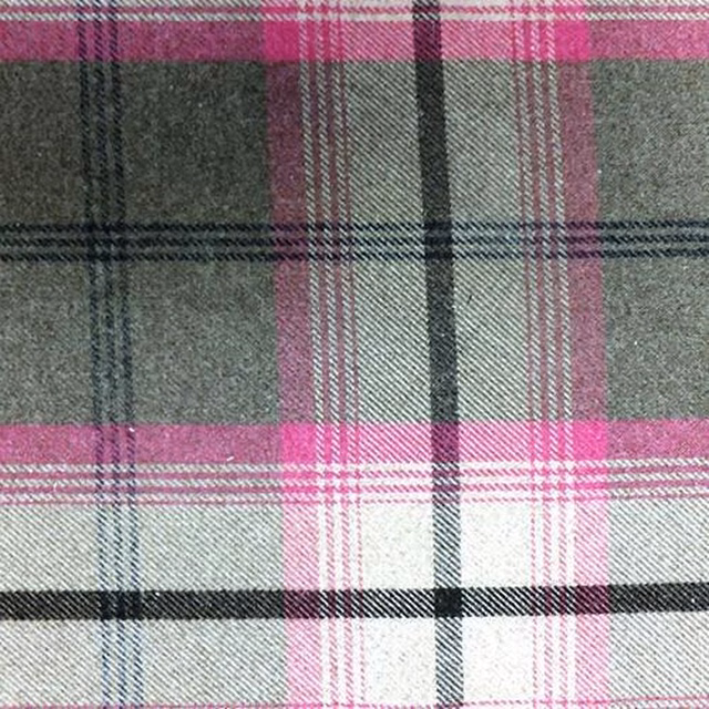 Pink and grey tartan check fabric swatch with charcoal stripes and brushed texture