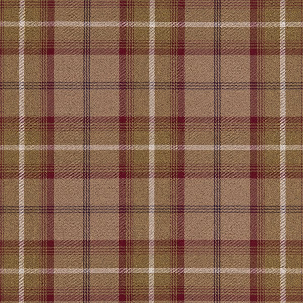 Mushroom and burgundy tartan plaid fabric with cream stripes