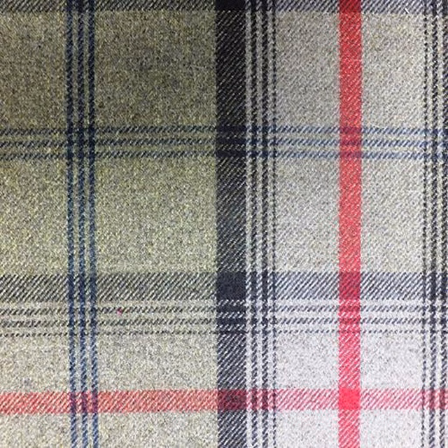 Olive tartan plaid fabric with navy checks and a pink-red stripe