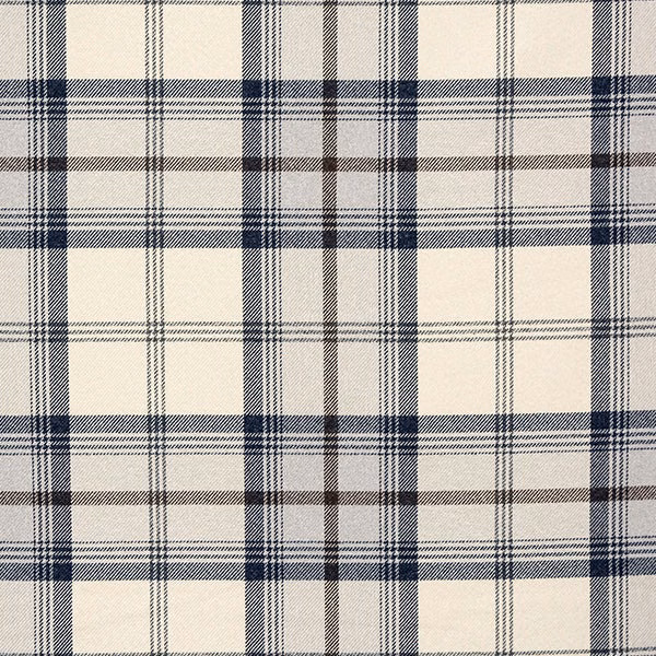 Ivory fabric swatch with navy tartan-style check and fine woven texture