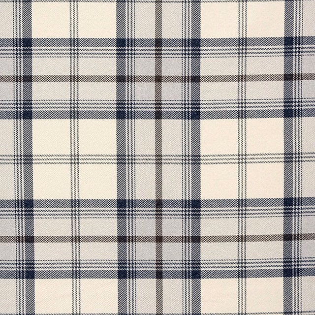 Ivory fabric swatch with navy tartan-style check and fine woven texture