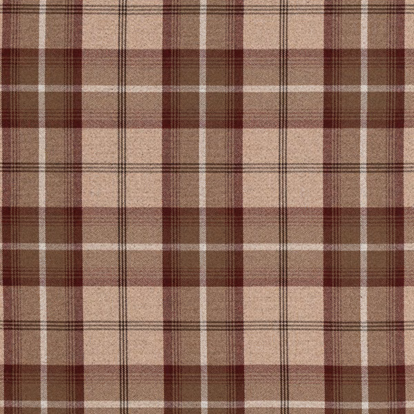 Mulberry and beige tartan-style woven fabric with a large check pattern