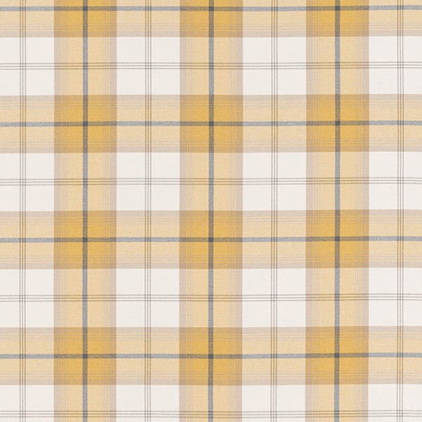 Ochre and cream tartan fabric with fine grey pinstripes