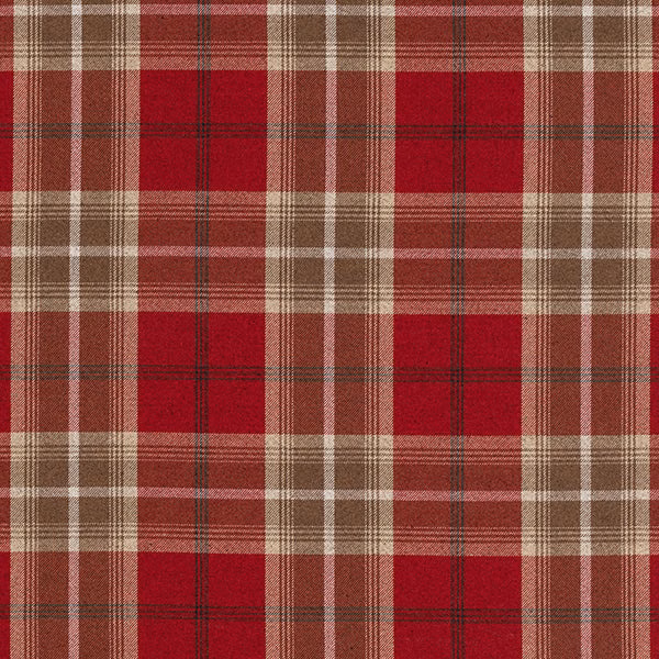 Bold red tartan check fabric with beige and brown crossing stripes