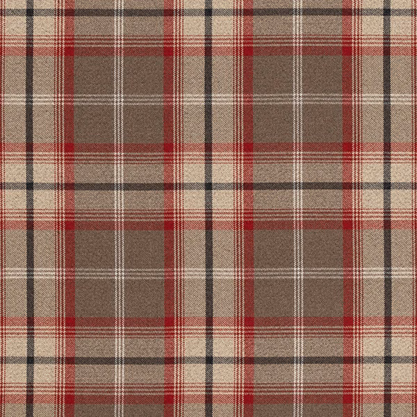 Warm red tartan check on a beige-brown woven fabric swatch