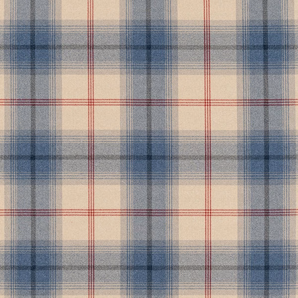 Cream tartan fabric with soft blue checks and fine red lines