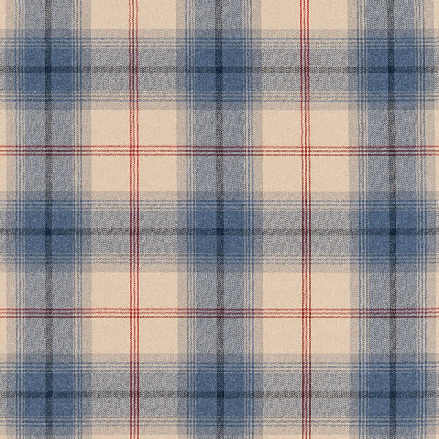 Cream tartan fabric with soft blue checks and fine red lines