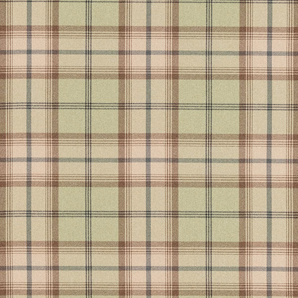 Pale sage tartan check fabric with tan and charcoal stripes