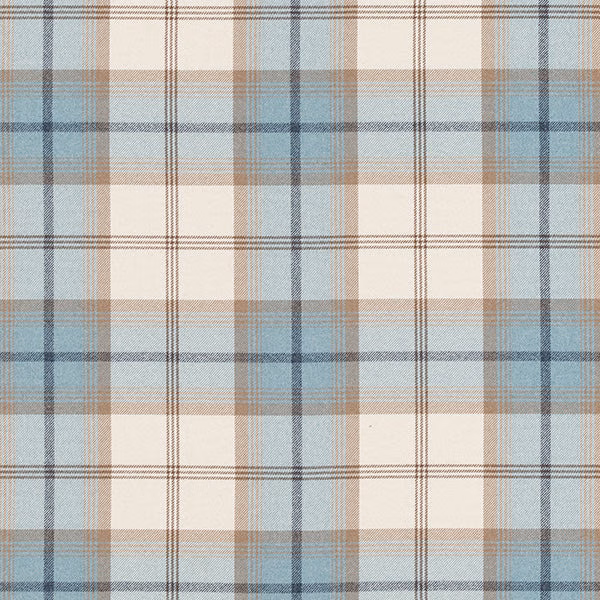 Pale blue and cream checked fabric swatch with fine brown grid lines