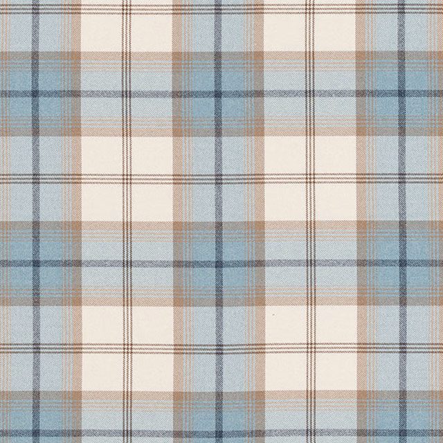 Pale blue and cream checked fabric swatch with fine brown grid lines