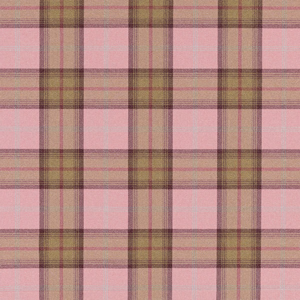 Pink and olive-brown plaid fabric swatch with a woven texture