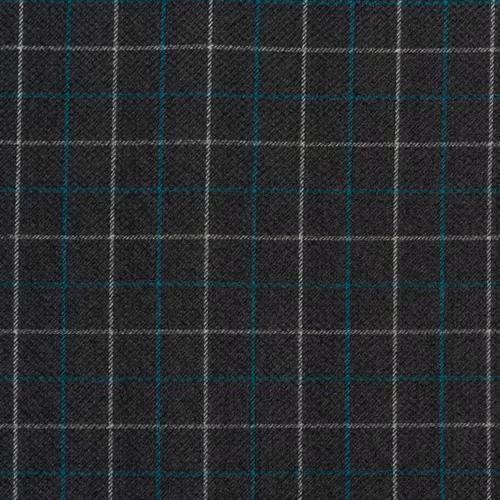 Dark checked fabric with teal azure and pale grey lines on a charcoal ground